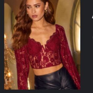 VICI Burgundy Lace Long Sleeve Corset Crop Top – Size Large